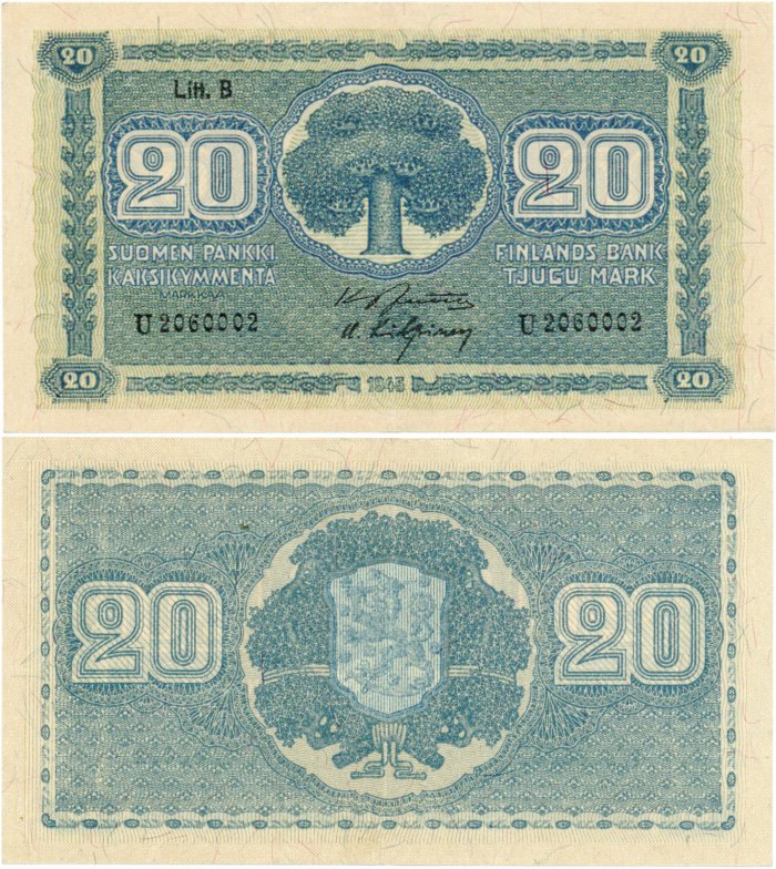 20 Markkaa 1945 Litt.B U2060002 kl.8